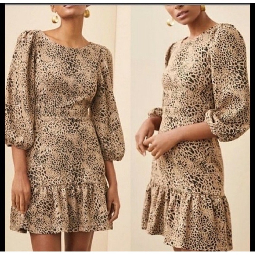 Maeve Anthropologie 8p Mini  Dress Knot‎ Ties Cut-Out Back Brown Puff Sleeves